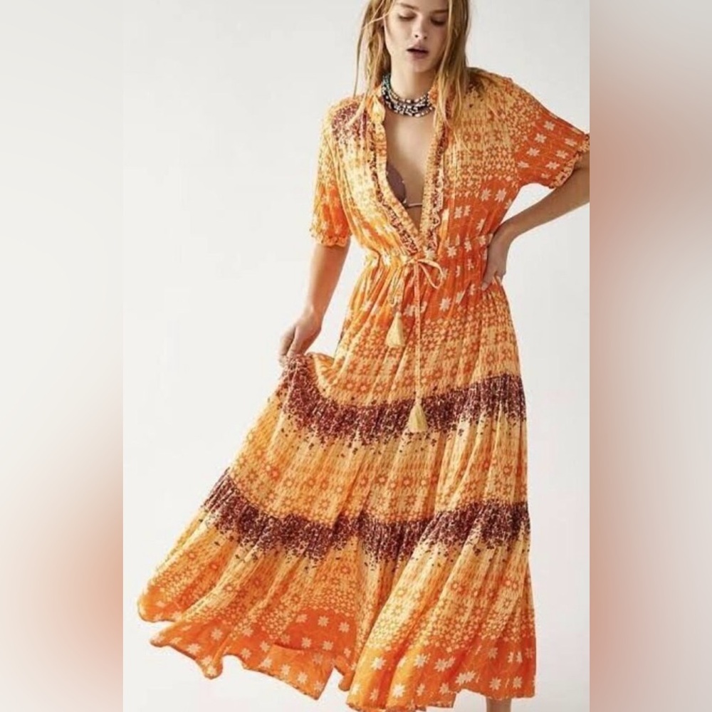 FREE PEOPLE Rare Feeling Dress Goldenrod Combo Maxi Midi XS